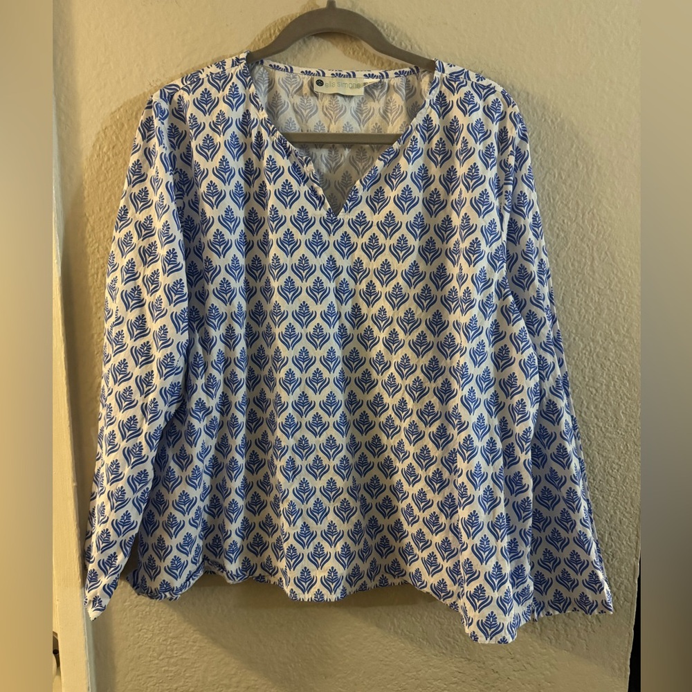 Chic Blue and White Leaf Print Blouse 100% cotton